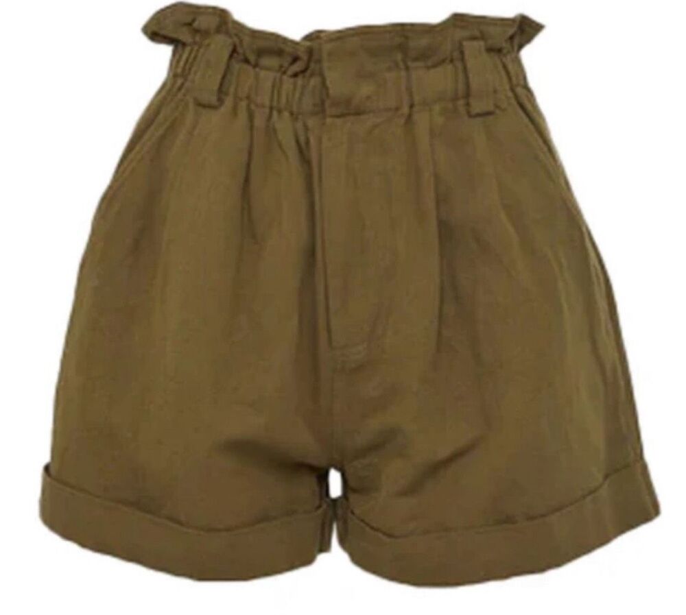 Apiece Apart Son Vida Linen Organic Cotton Green Khaki Ruched Shorts Size Large